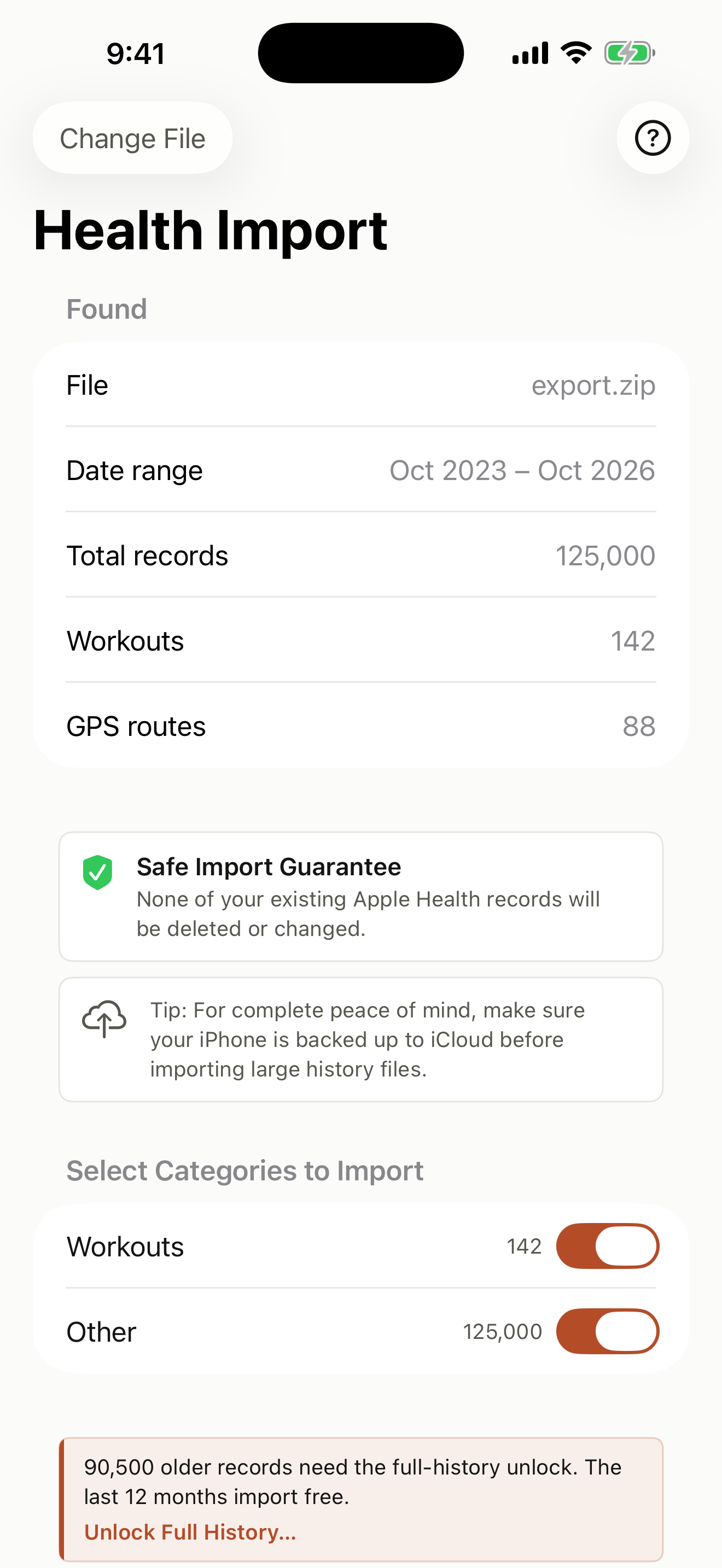 Actual Health Import app screenshot running with real export sample data